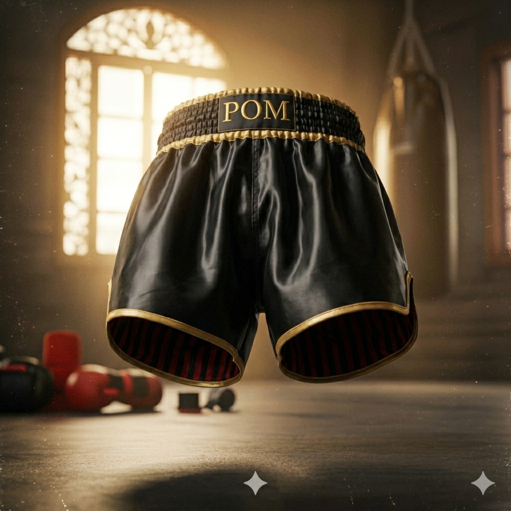 Seitenansicht der P.O.M Muay Thai Shorts in Schwarz-Gold mit tiefen Seitenschlitzen