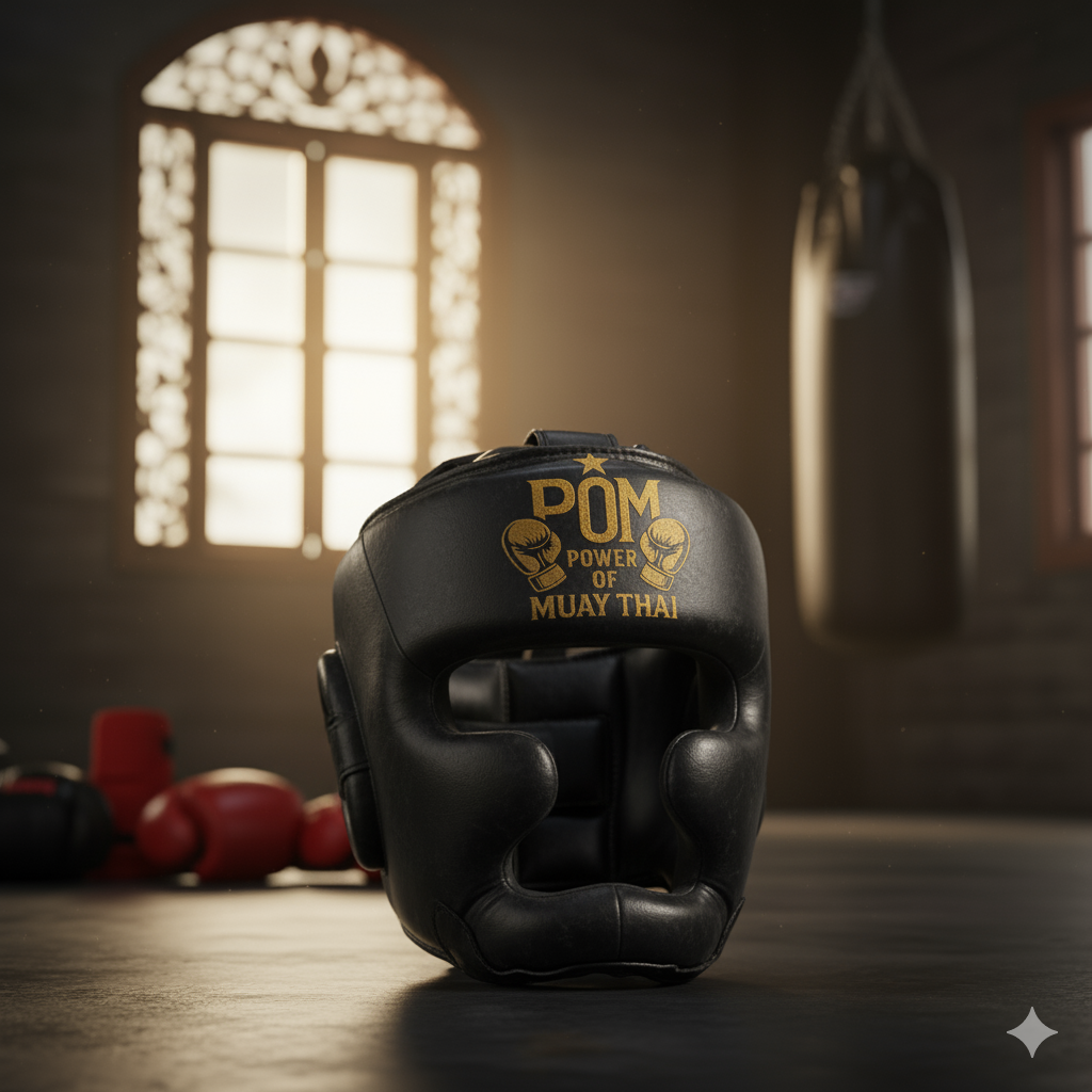 P.O.M Kopfschutz in Schwarz-Gold mit POM-Logo