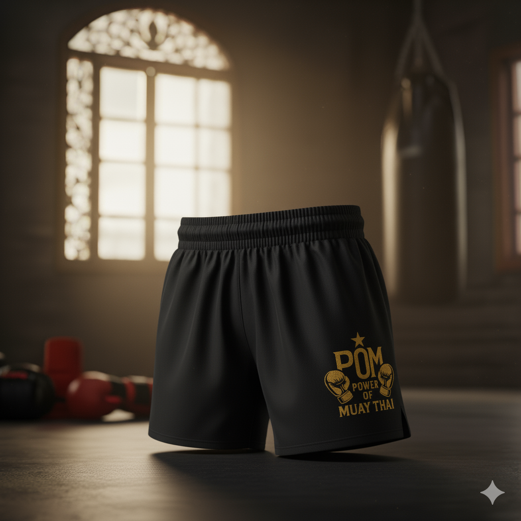 P.O.M Muay Thai Shorts Schwarz-Gold, Detailansicht des goldenen Logos am Bund