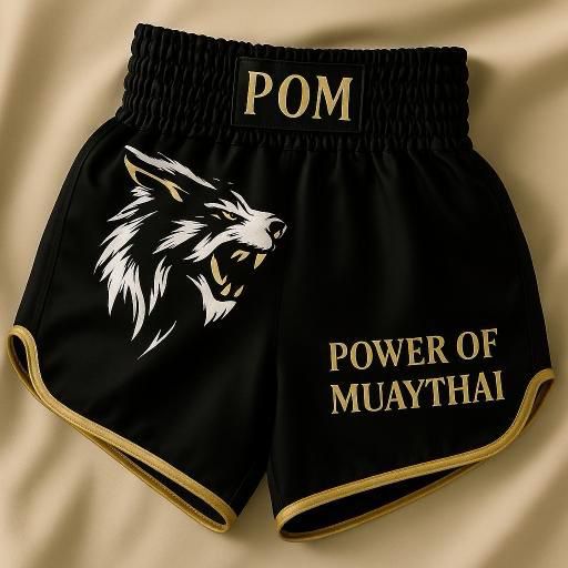 P.O.M Muay Thai Shorts mit weiß-goldenem Wolf-Design auf Schwarz