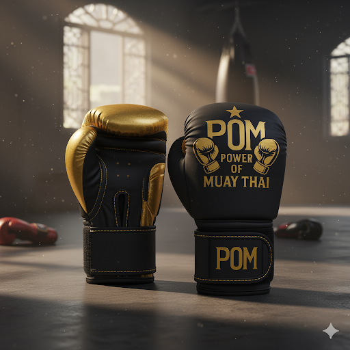 P.O.M Boxhandschuhe in Schwarz mit goldenen Akzenten und Power-of-Muay-Thai-Logo