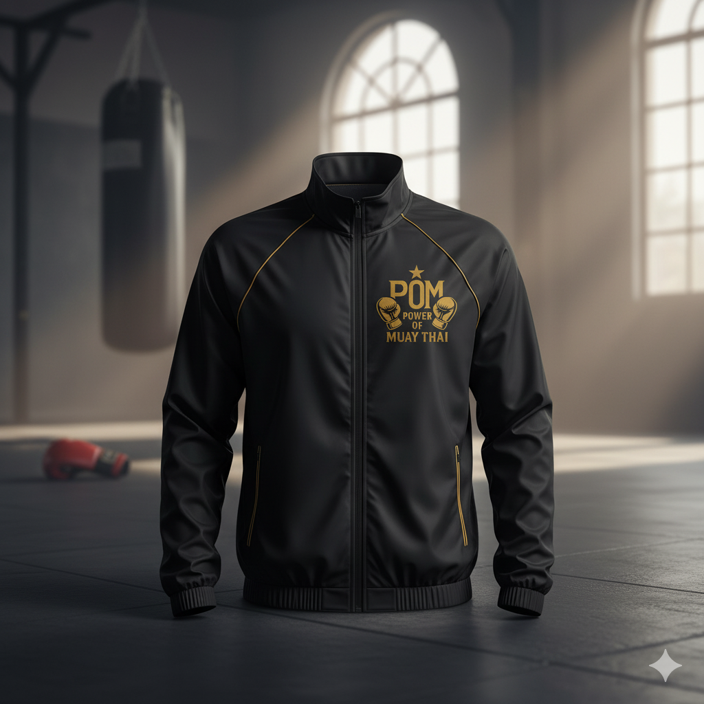 P.O.M Windbreaker in Schwarz mit goldener Power-of-Muay-Thai-Stickerei und goldener Paspelierung